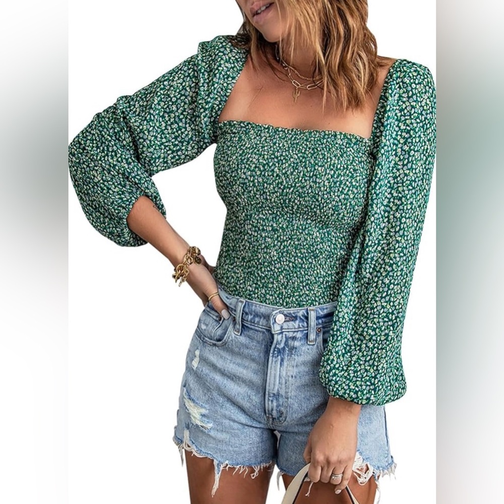 Abercrombie & Fitch Green Floral Smocked Crop Top Puff Sleeve Size S